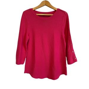 Talbots pink pullover sweater 3/4 sleeve button solid bright. Size Large.
